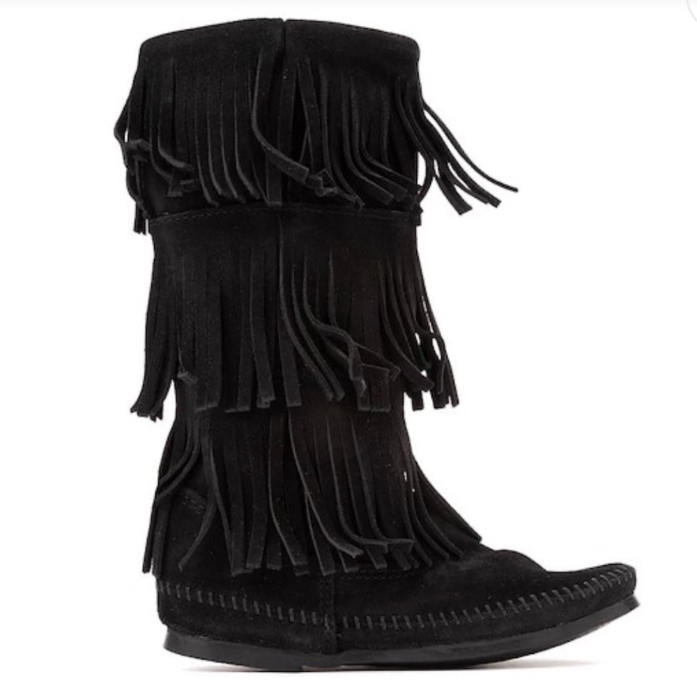 Black Minnetonka 3-layer Fringe Suede Boots size 7